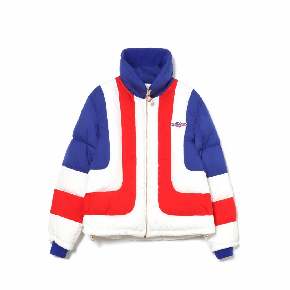 Blue white and red puffer jacket store
